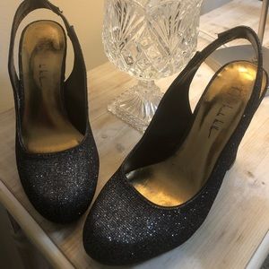 New black glitter thick heel sling back